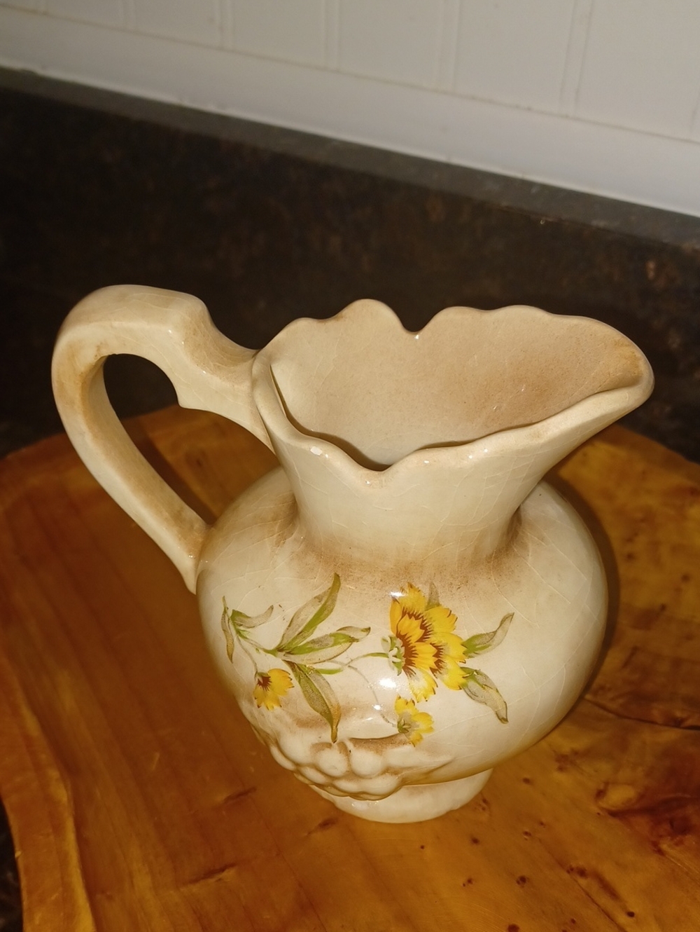 Vintage Italian Majolica Style Embossed Grape Pitcher Vase Pink Ombre Crazing